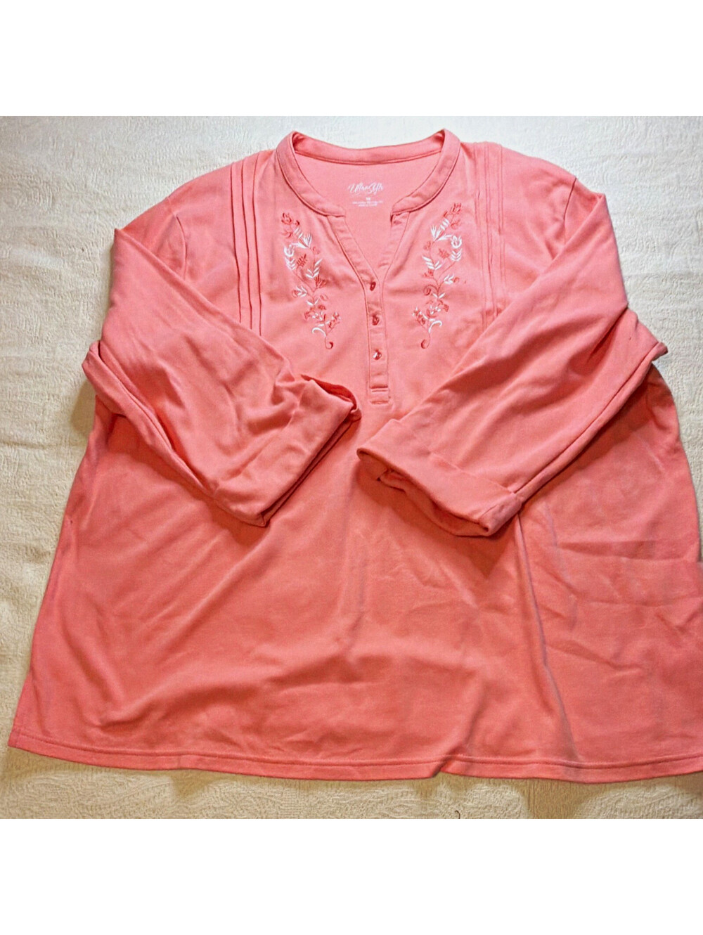 UltraSofts Women’s Plus 3X Pink Solid Split Neck Long Sleeve Blouse Embroidered